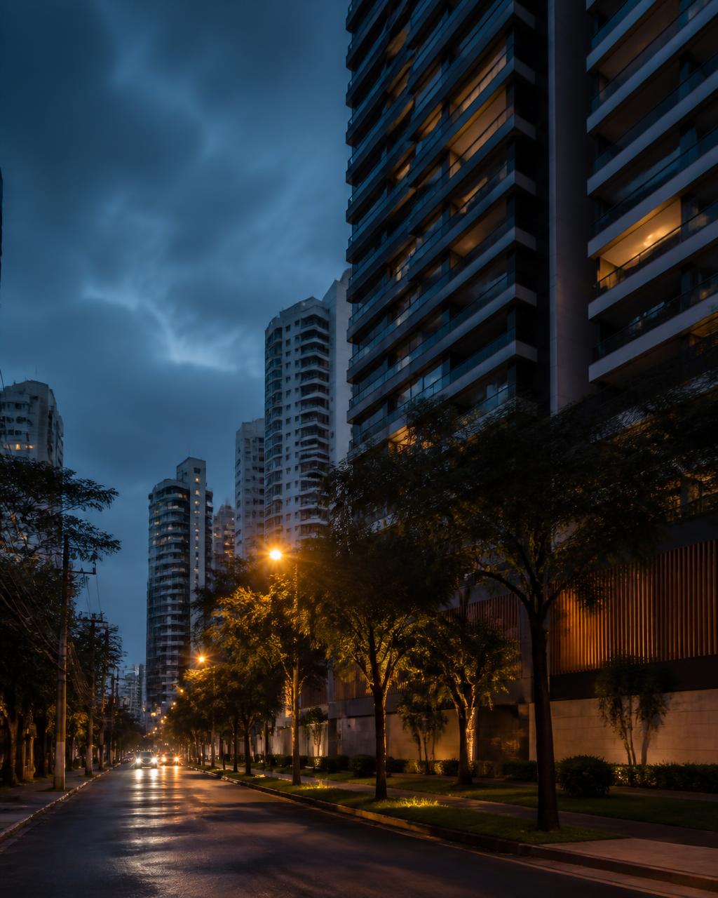 Avenida arborizada de São José dos Campos ao anoitecer, com edifícios contemporâneos