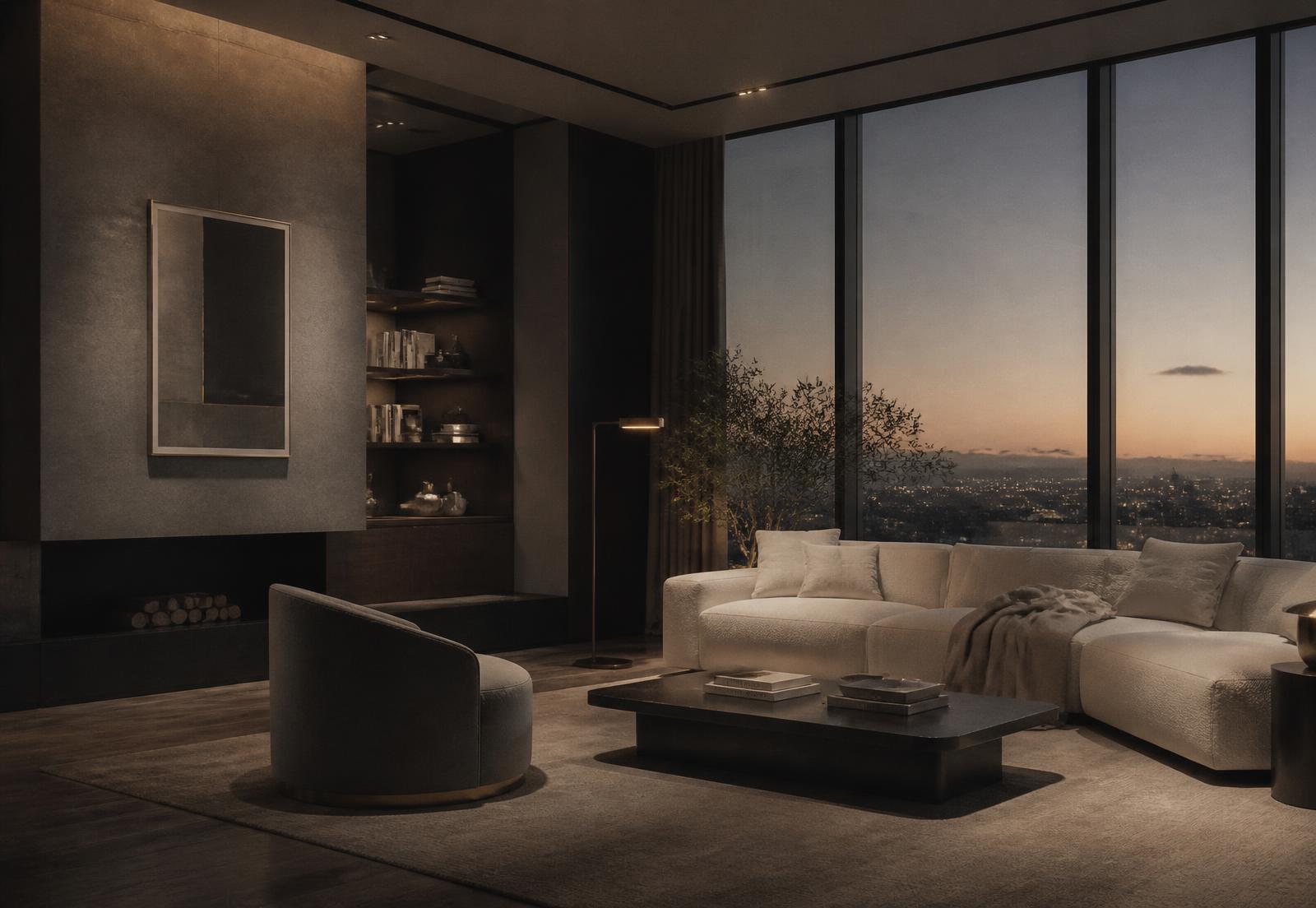 Interior residencial contemporâneo ao entardecer com vista para a cidade — imagem conceitual