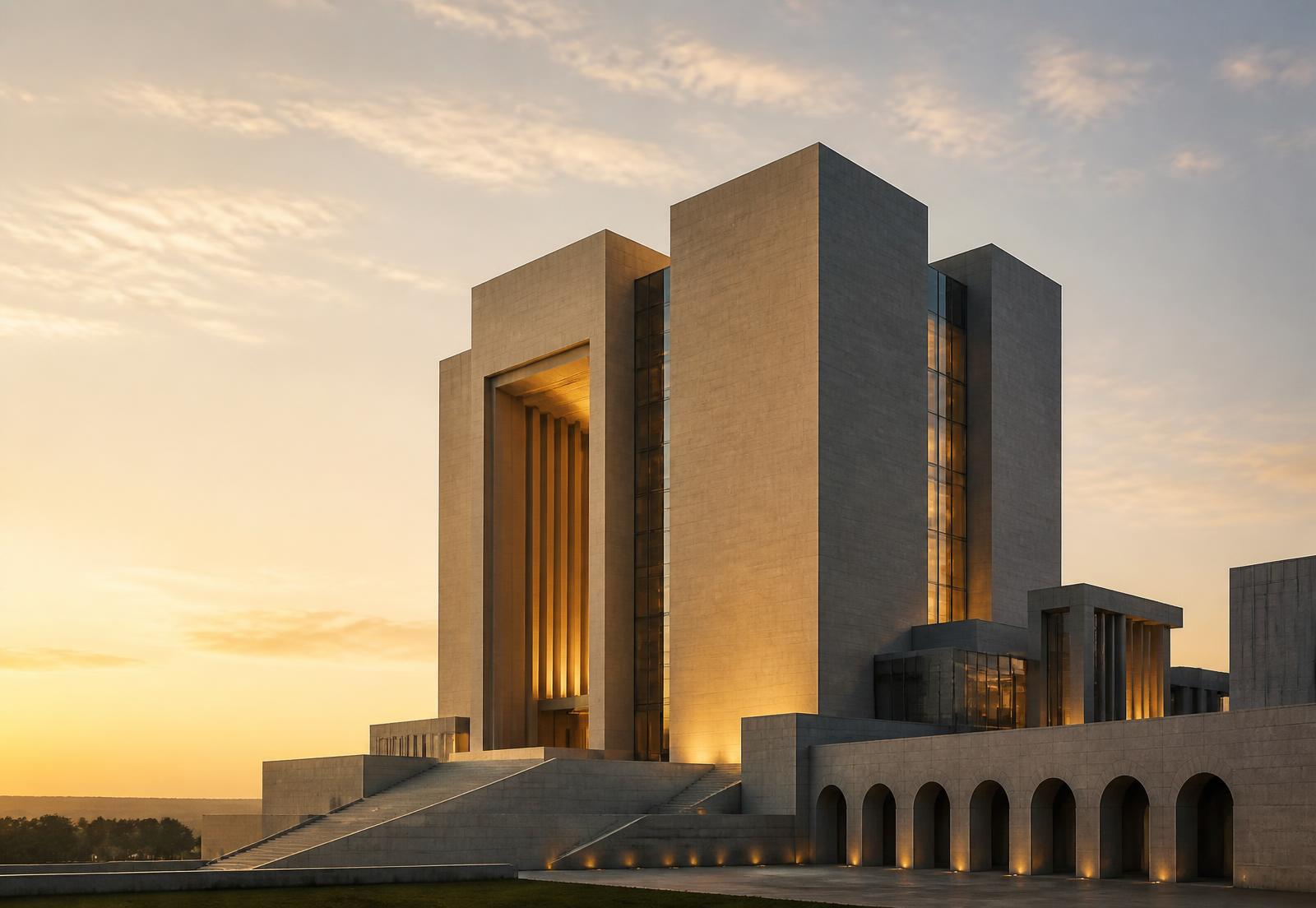 Imagem conceitual de edifício contemporâneo monumental em pedra e vidro ao amanhecer