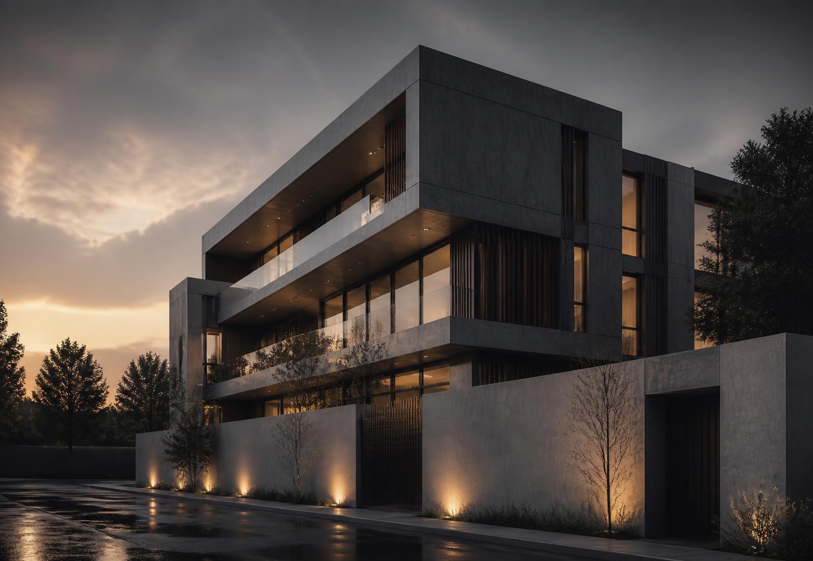 Imagem conceitual de volume residencial contemporâneo em concreto e vidro ao entardecer